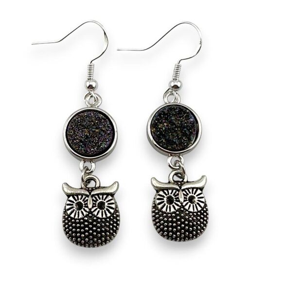 Peacock Color Druzy & Owl Earrings 925 Sterling Silver Ear Wires - Picture 10 of 10